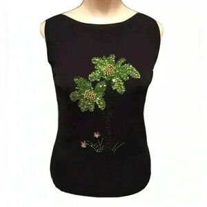 Lucia Burns Women's Top L Black Sleeveless Knit Sequins/Beading Floral